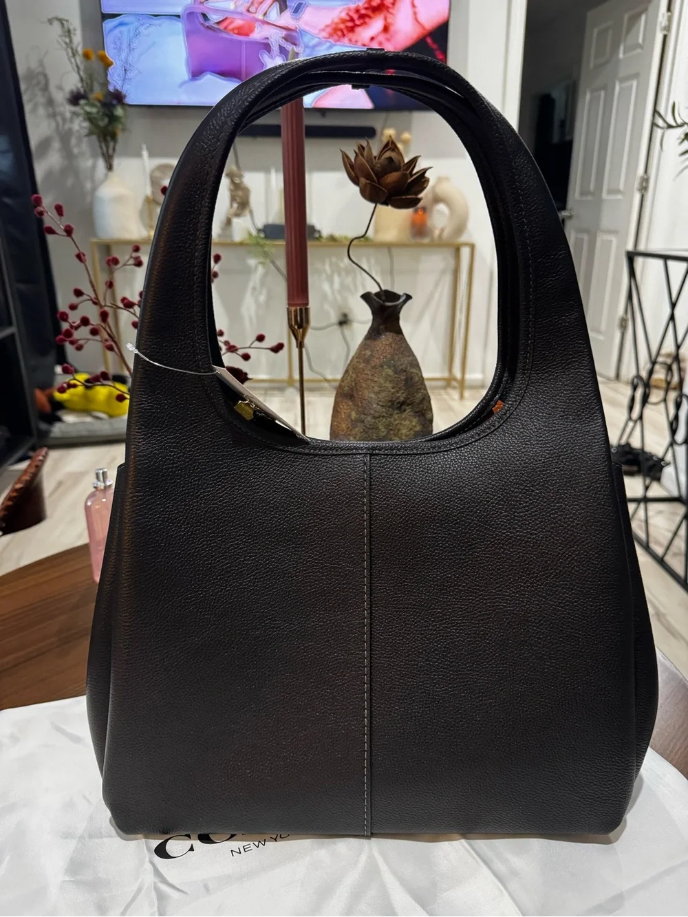 Coach Black Pebbled Leather Hobo with Gold Floral Chain Accent